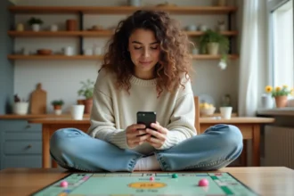 Jeune femme concentrée sur son smartphone dans la cuisine