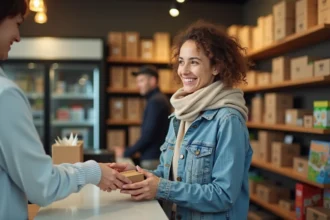 Femme souriante remettant un colis dans un magasin moderne