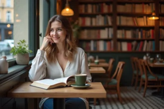 Femme lisant dans un café parisien chaleureux