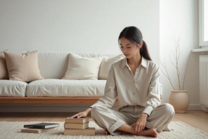 Jeune femme assise sur un sol en bois lisant des livres