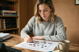 Femme adulte résolvant une grille de mots croisés CodyCross avec des notes manuscrites sur un bureau en bois dans un bureau à domicile