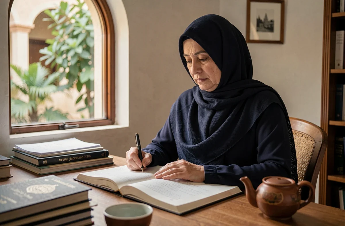 Une femme musulmane prend des notes sur la jurisprudence islamique de Malik ibn Anas dans un bureau à domicile