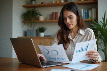 Jeune femme compare des graphiques numériques avec ses reçus