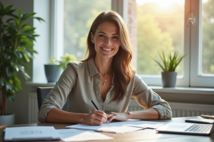 Femme confiante remplissant des papiers au bureau lumineux