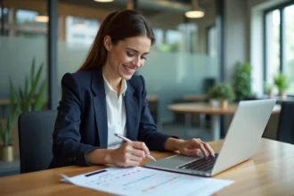 Femme professionnelle avec calendrier 2026 sur bureau