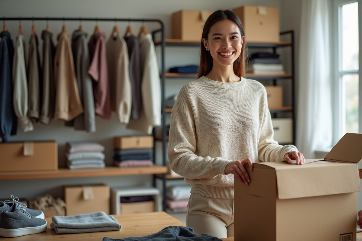 Femme stylée emballant des vêtements dans un espace de travail