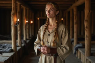 Femme viking aux tresses blondes en tenue médiévale scandinave dans une maison longue en bois