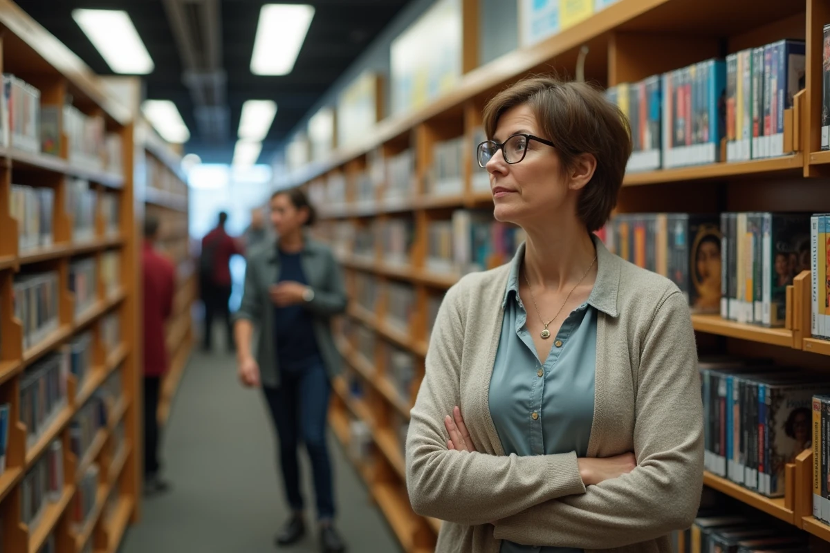 Femme cherche DVD dans une bibliothèque publique