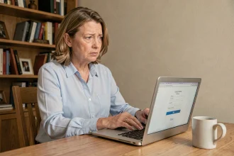 Femme d'âge moyen cherchant son identifiant CGOS sur son ordinateur portable dans un bureau à domicile