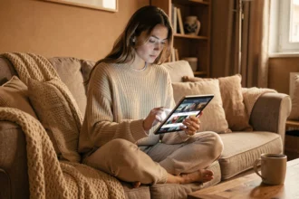Jeune femme parcourant un catalogue de séries sur une tablette dans son salon cosy, à la recherche de sa prochaine série coup de cœur