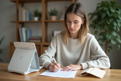 Femme écrivant une lettre d'annulation dans un appartement lumineux