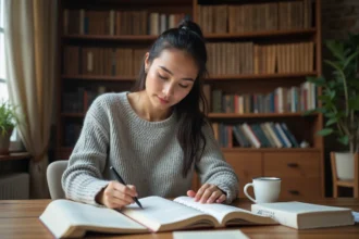 Femme concentrée révisant les règles du futur et du conditionnel en français dans un bureau à domicile entouré de livres de grammaire