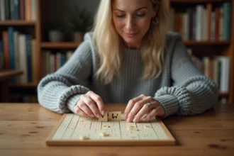 Femme jouant au Scrabble et plaçant des lettres W et Z sur un plateau en bois pour optimiser ses scores