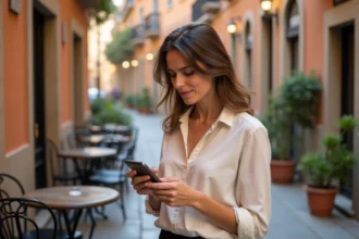 Femme consultant son smartphone sur une terrasse de café à Barcelone pour configurer l'indicatif +34 en Espagne