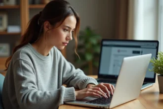 Femme utilisant un solver de mots en ligne sur son ordinateur portable pour résoudre un mot de 7 lettres