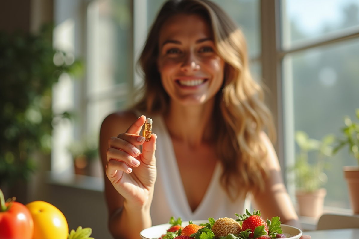 Femme souriante tenant une capsule de levure de bière à la table