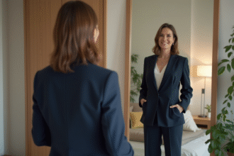Femme élégante en blazer bleu foncé dans sa chambre