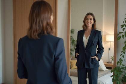 Femme élégante en blazer bleu foncé dans sa chambre