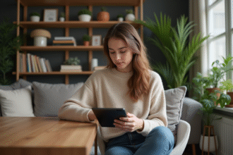 Jeune femme utilisant une tablette Android dans un salon cosy