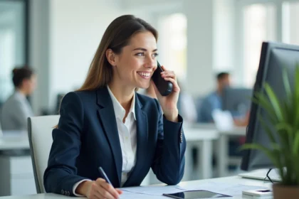 Femme au téléphone dans un bureau de pôle emploi, illustrant les horaires d'appel et les permanences téléphoniques en 2026