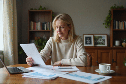 Femme d'âge moyen examinant des documents immobiliers à la maison