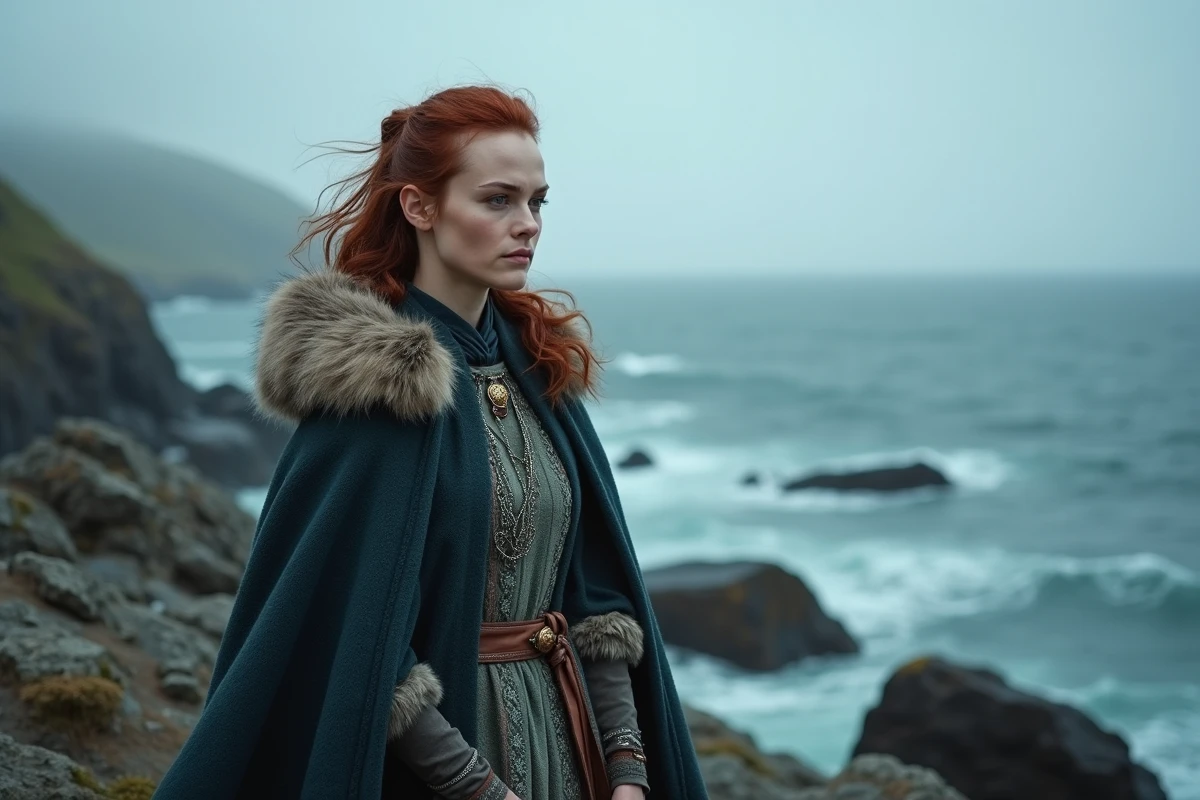Femme guerrière viking sur une côte rocheuse scandinave, regard déterminé, ambiance nordique dramatique