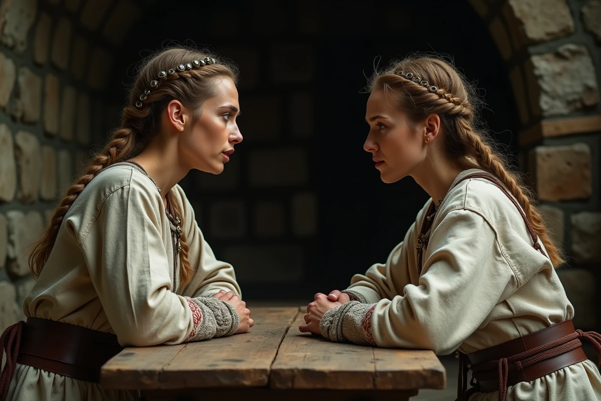 Deux femmes vikings face à face dans une grande salle médiévale, scène de tension et de trahison