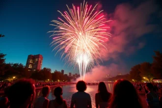 Feu d'artifice coloré dans le ciel de Villeneuve d'Ascq avec une foule de spectateurs émerveillés dans un parc urbain