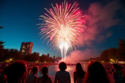 Feu d'artifice coloré dans le ciel de Villeneuve d'Ascq avec une foule de spectateurs émerveillés dans un parc urbain