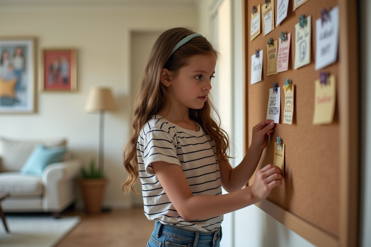 Jeune fille responsable pinçant des cartes de tâches sur un tableau