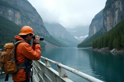 Géologue observant les falaises de granit d'un fjord en Alaska depuis un bateau de recherche, cicatrice de glissement de terrain visible sur la montagne