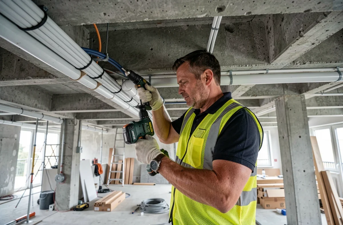 Technicien Flash Elec installant des conduits électriques et de plomberie dans un bâtiment commercial en rénovation