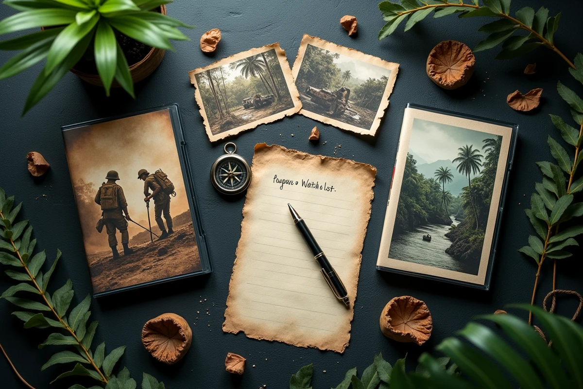 Flat lay éditorial de films sur la guerre du Vietnam avec DVD vintage, boussole et photos en noir et blanc