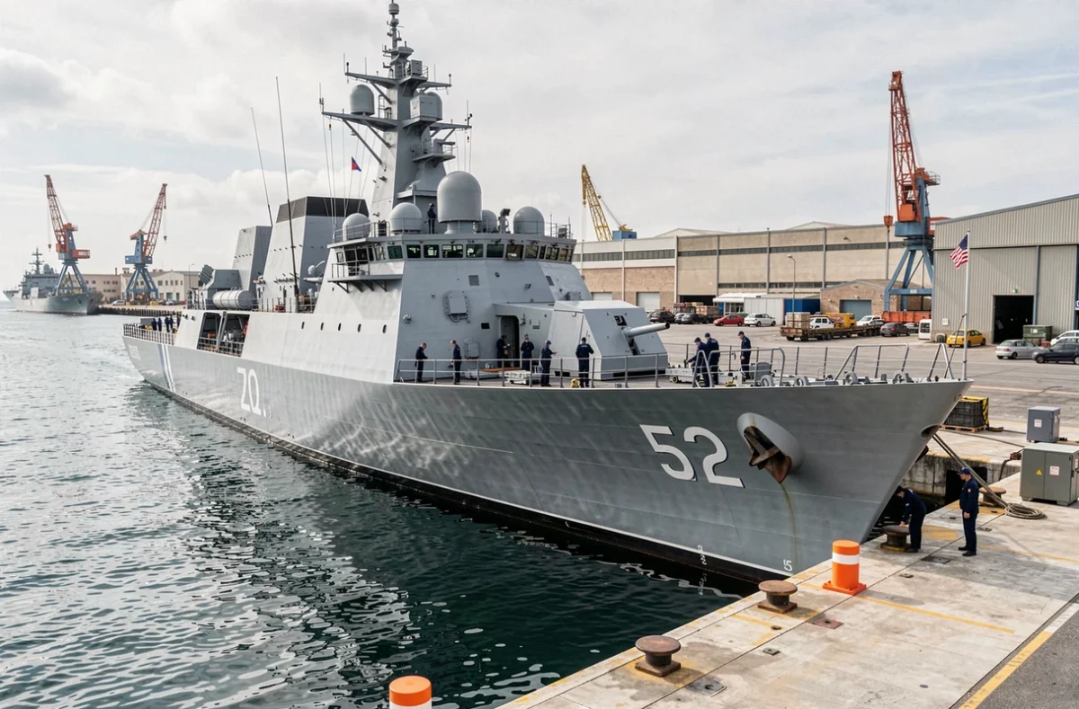 Frégate de la Marine nationale à quai dans le port militaire de Toulon avec techniciens en maintenance