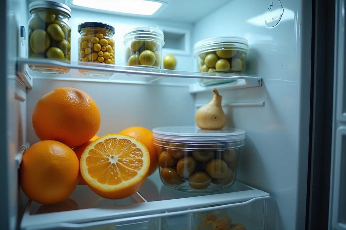 Frigo bien organisé avec oranges et olives fraîches