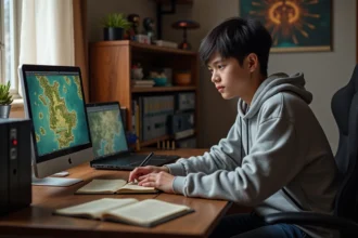 Jeune gamer étudiant un journal de quêtes avec ordinateur