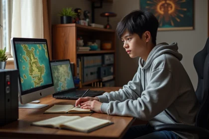 Jeune gamer étudiant un journal de quêtes avec ordinateur