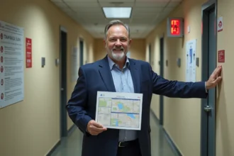 Gestionnaire en costume bleu pointant vers sortie de secours