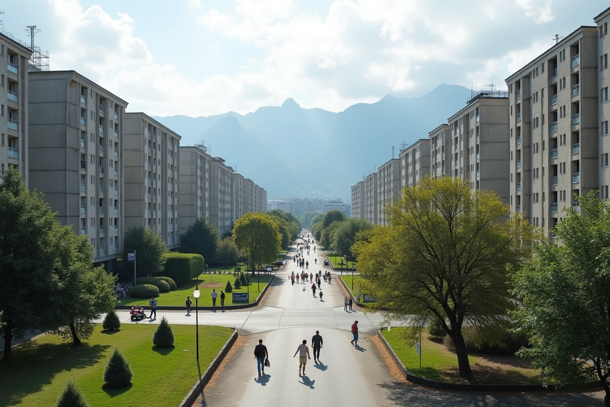Grand ensemble de la Villeneuve à Grenoble avec barres préfabriquées et Alpes en arrière-plan lointain