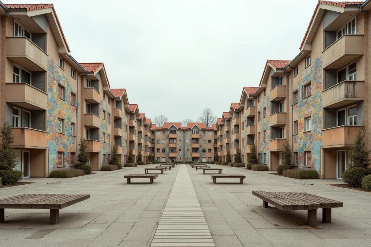 Ensemble de logements sociaux à Grigny dans l'Essonne avec architecture courbe et mosaïques extérieures défraîchies