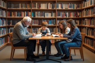 Groupe divers de personnes lisant dans une bibliothèque