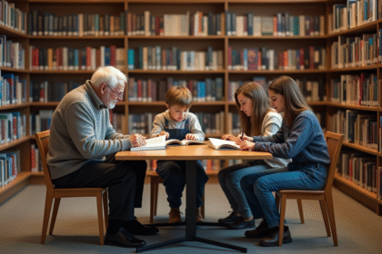 Groupe divers de personnes lisant dans une bibliothèque
