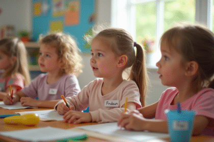 Groupe d'enfants en maternelle en classe lumineuse
