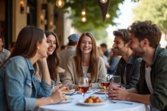 Groupe de jeunes adultes riant au café à Bordeaux