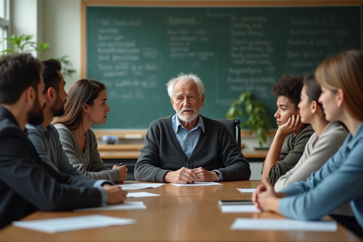 Jeunes adultes écoutant un homme en fauteuil