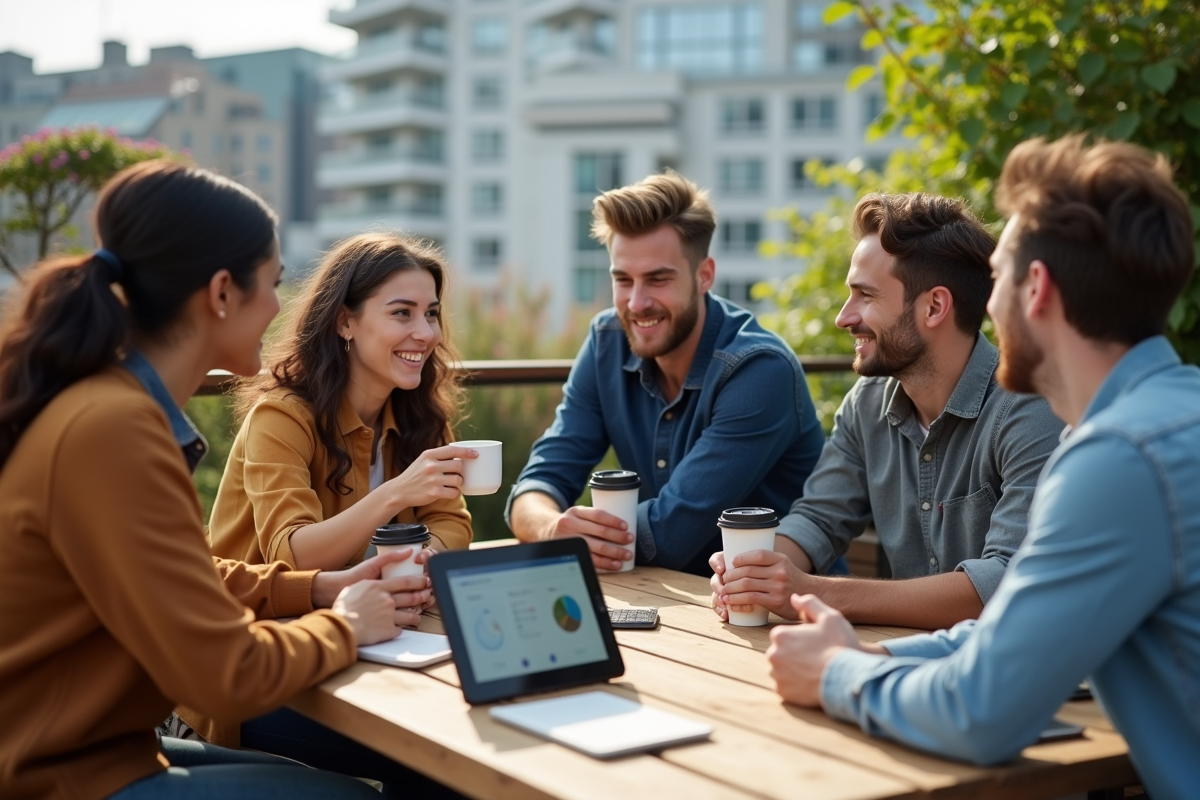 Groupe de jeunes professionnels discutant en extérieur écologique