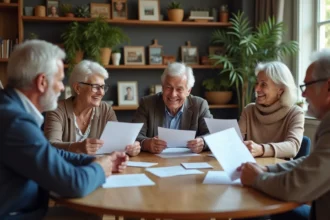 Groupe de seniors discutant de pensions dans un salon chaleureux