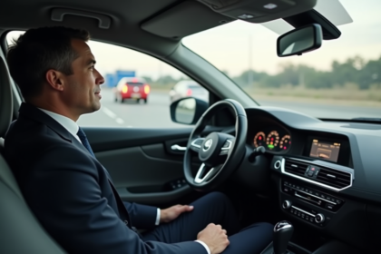 Homme d'affaires dans une voiture moderne sur l'autoroute