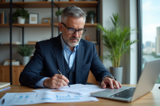 Homme d'affaires en costume dans un bureau moderne