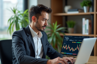 Jeune homme professionnel analysant des graphiques crypto